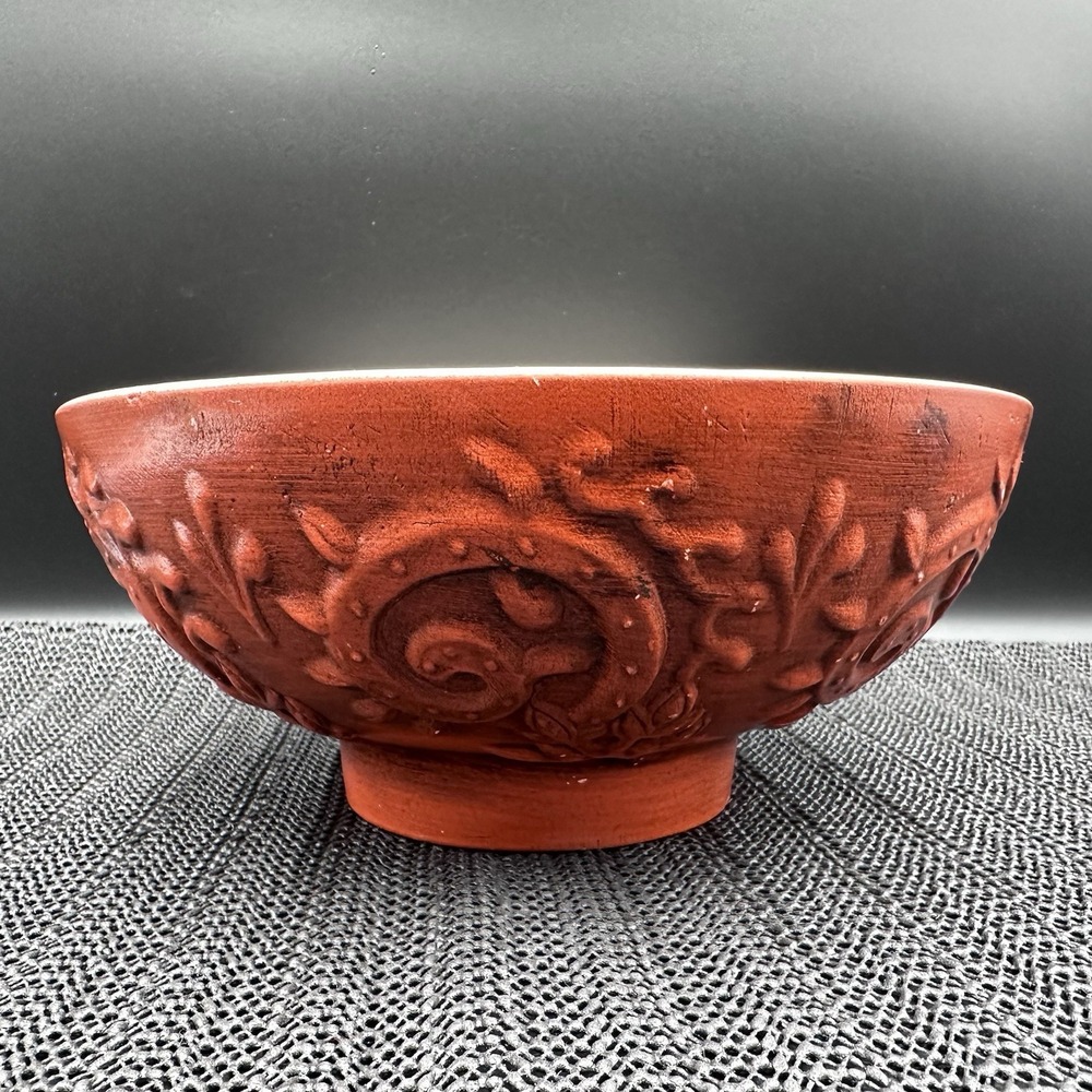 Vintage Haeger USA 102 Red Embossed Floral Pottery Bowl Planter Rustic Decor